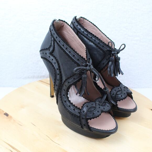 Suecomma Bonnie Heels 37 Womens 6.5 Black Leather WhimsyGoth Halloween Glam - Picture 1 of 13